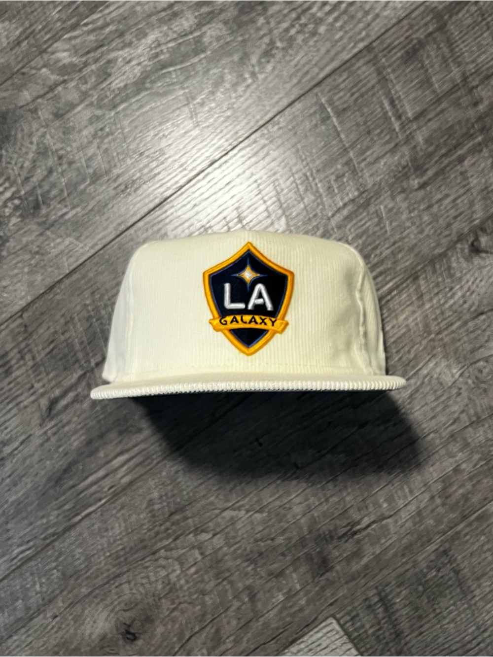 New MENS off White LA Galaxy Shield Snapback with Navy & Gold Crest